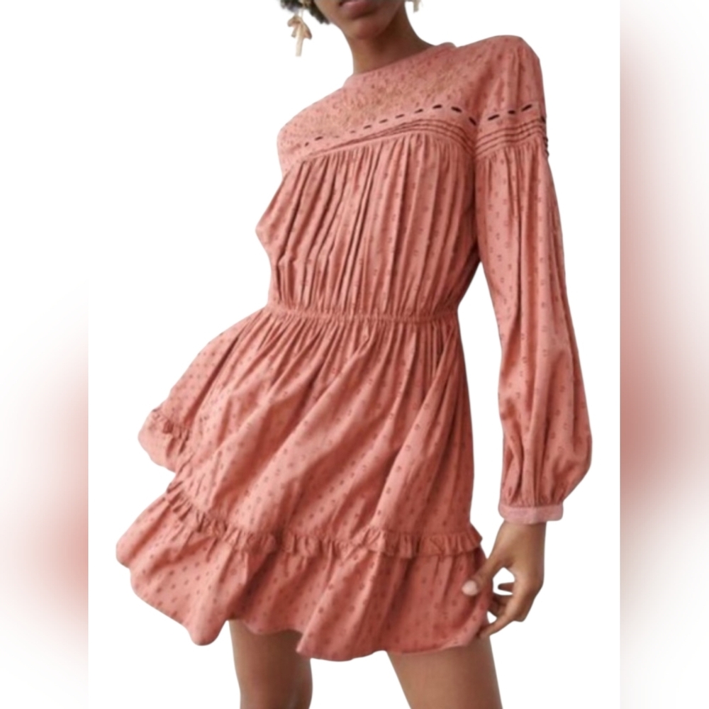 NWT Zara Embroidered Dotted Mini Dress Blogger Favorite XS Dusty Rose Pink